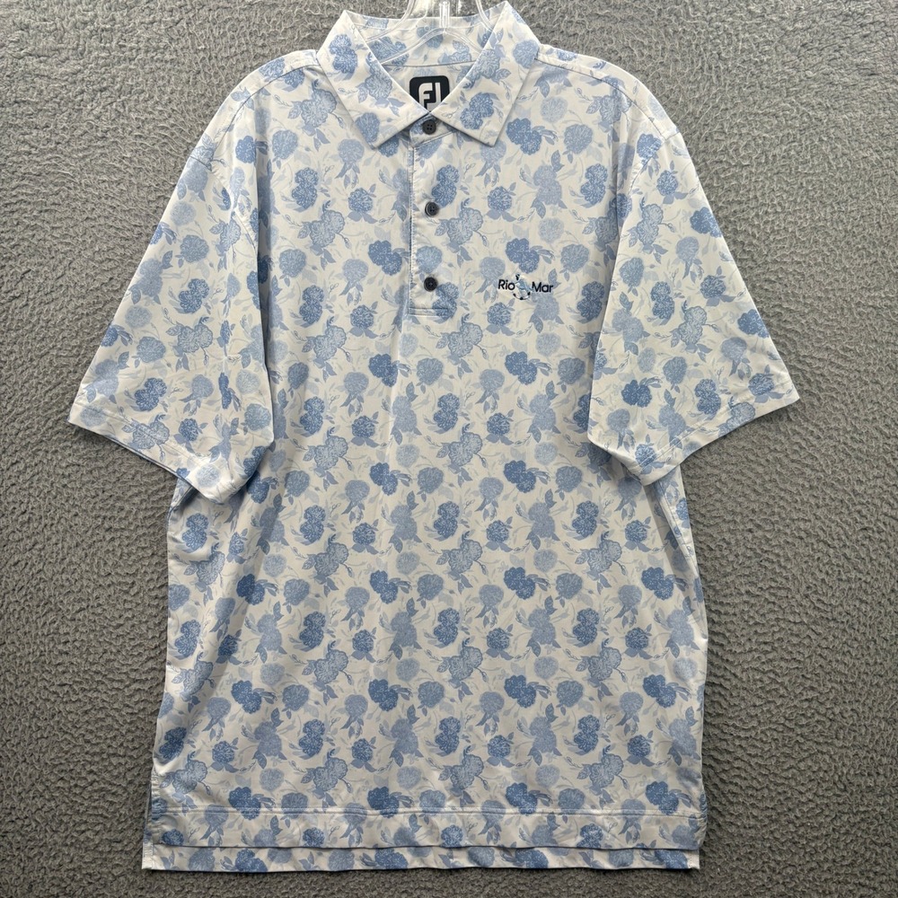 FootJoy Polo Shirt Men M Blue Floral Rio Mar Performance Golf Short Sleeve